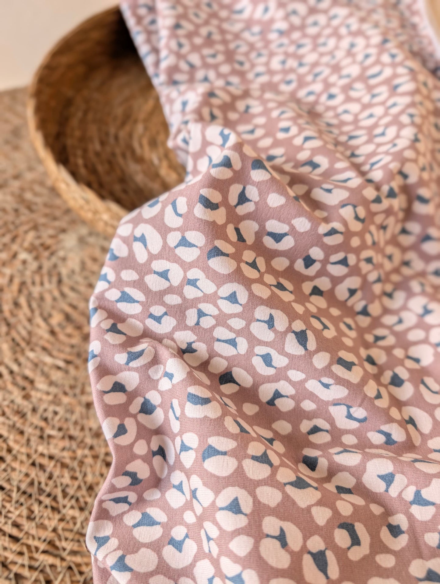 Cleo Leopard Cotton Jersey Mauve draped to show soft drape and stretch — leopard spot print in dusty mauve tones on premium cotton jersey — Esorai