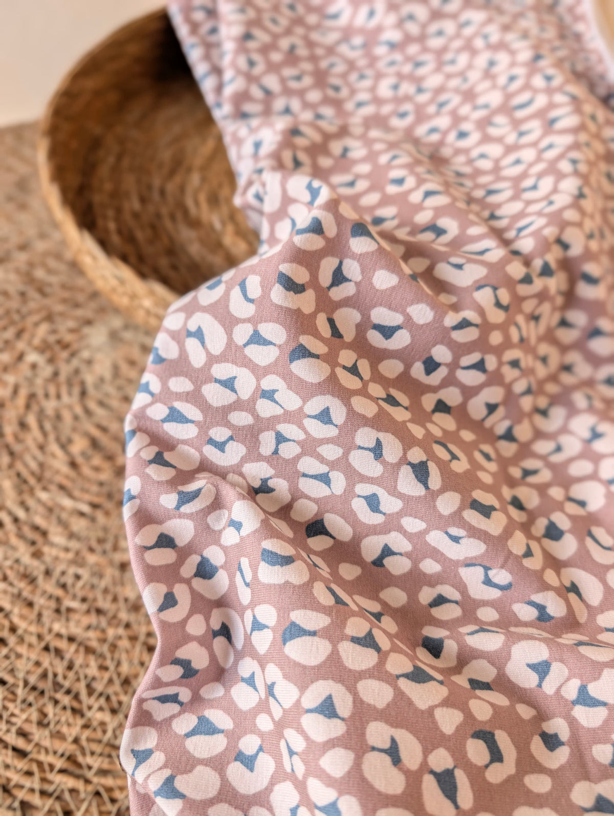 Cleo Leopard Cotton Jersey Mauve draped to show soft drape and stretch — leopard spot print in dusty mauve tones on premium cotton jersey — Esorai