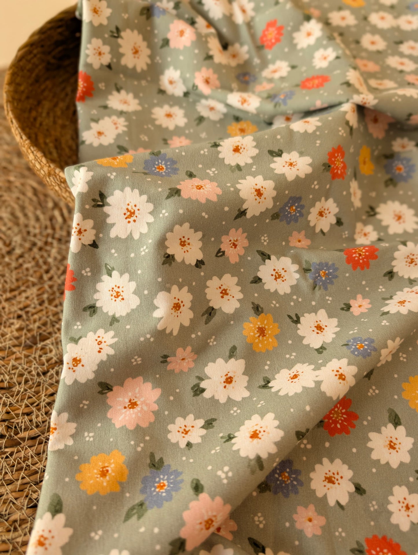 Daisy Floral Cotton Jersey Sage draped to show soft drape and stretch — floral daisy print on sage green cotton elastane jersey — Esorai